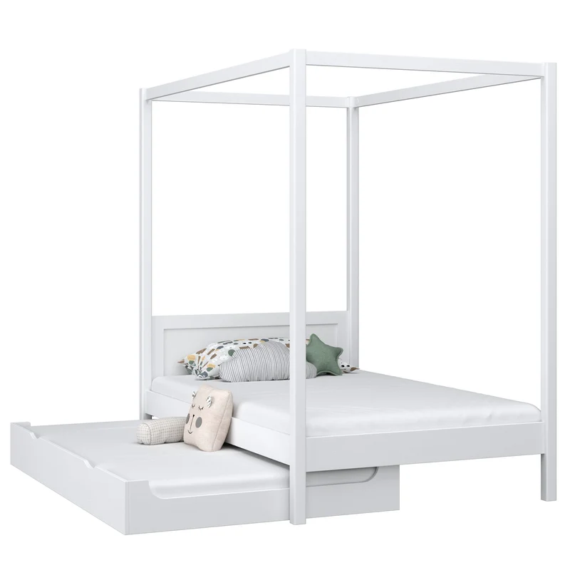 Letto singolo a baldacchino in legno con cassetto per materasso aggiuntivo N02 bianco