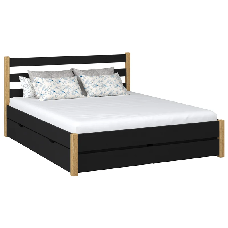Letto matrimoniale in legno con cassetto N01 nero / rovere naturale