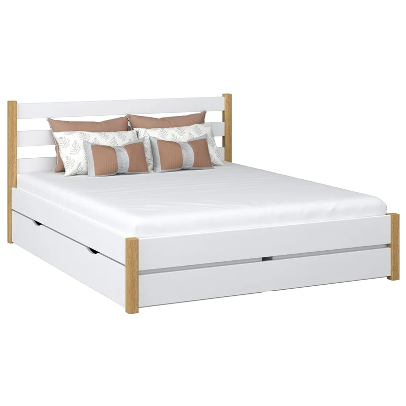 Letto matrimoniale in legno con cassetto N01 bianco / rovere naturale
