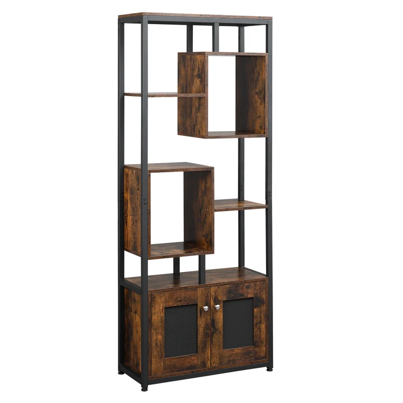 Easycomfort Mobile Libreria Scaffale in Stile Industriale con Armadietto a 2 Ante, Scaffale Salvaspazio a 8 Ripiani per Casa e Ufficio, 70x30x180cm, Marrone