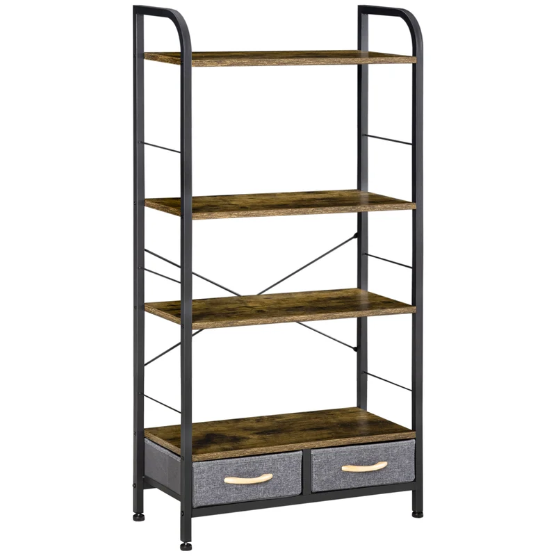 EasyComfort Mobile Libreria con 4 Scaffali e 2 Cassetti in Truciolato, Acciaio e Tessuto Effetto Lino, 64x27.5x121 cm