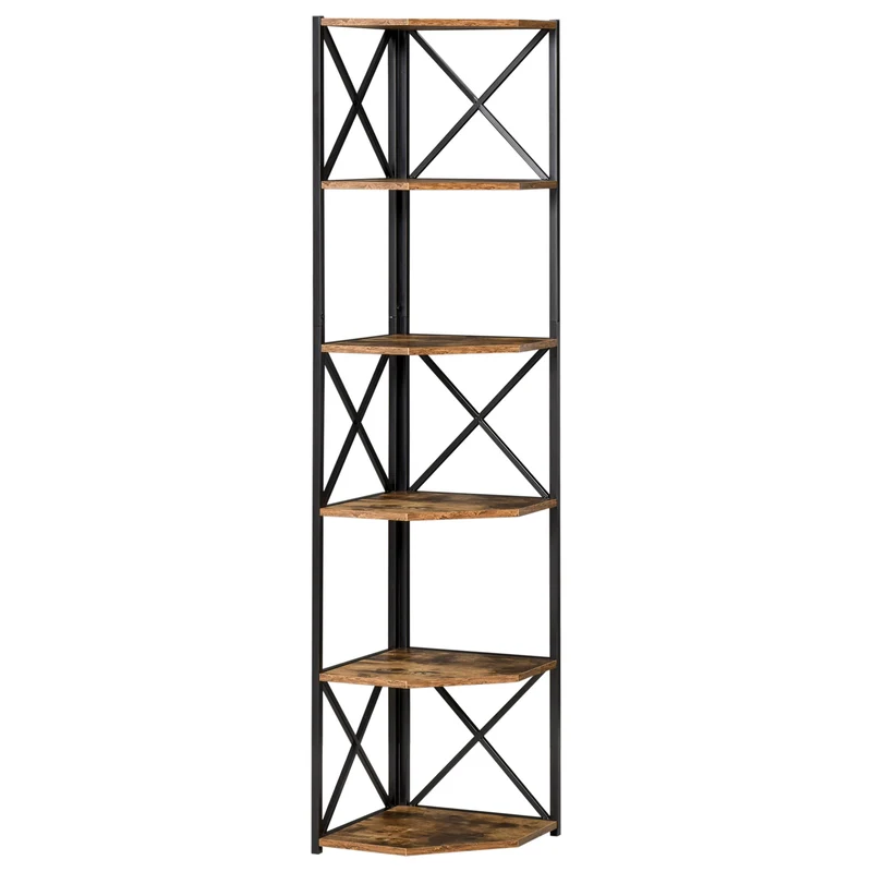 Easycomfort Libreria Angolare a Muro, Scaffale Stile Industriale in Legno e Metallo con 5 Ripiani, 39x39x175cm, Marrone Rustico