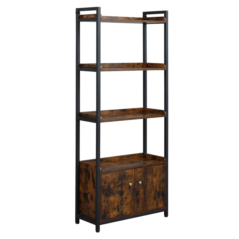 Easycomfort Mobile Libreria 4 Ripiani con Armadietto a 2 Ante, Libreria Scaffale in Stile Industriale per Casa e Ufficio, 75x30x180cm, Marrone