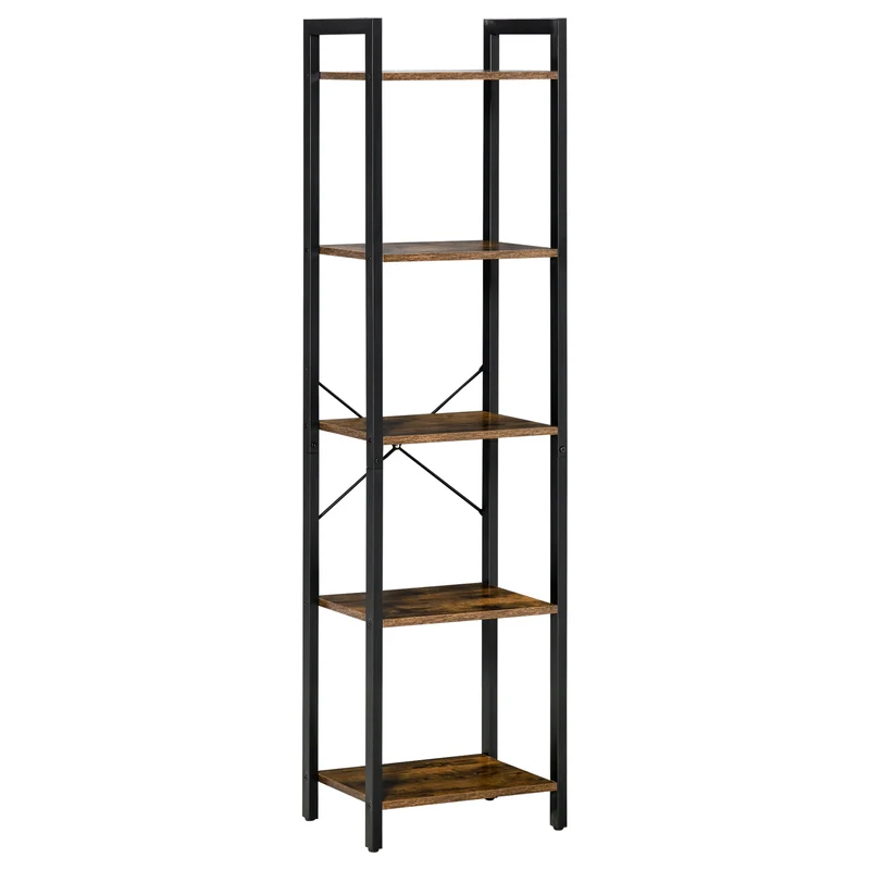 Easycomfort Libreria Stile Industriale a 5 Scaffali in Legno e Acciaio, 40x30x154cm, Marrone Rustico