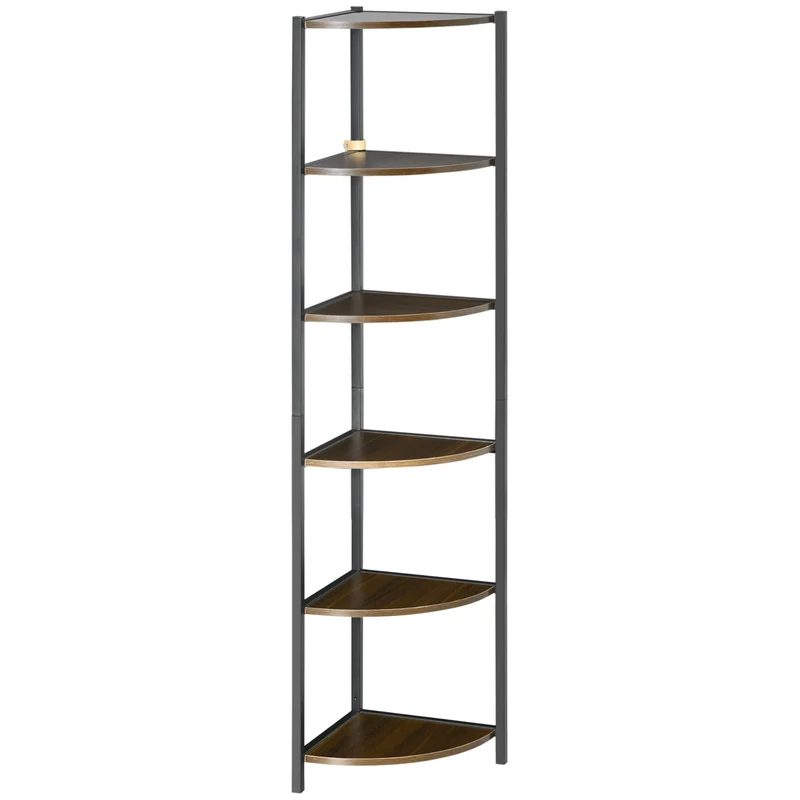 Easycomfort Libreria Moderna Angolare a 6 Ripiani in Metallo e MDF, 34x34x166cm, Marrone e Nero
