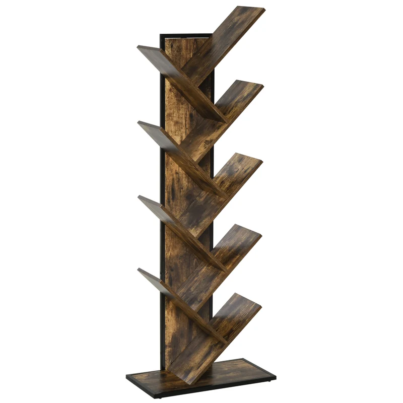 Easycomfort Libreria ad Albero in Legno, Scaffale Salvaspazio a Colonna con 10 Ripiani in Stile Industriale, 50x28x142cm