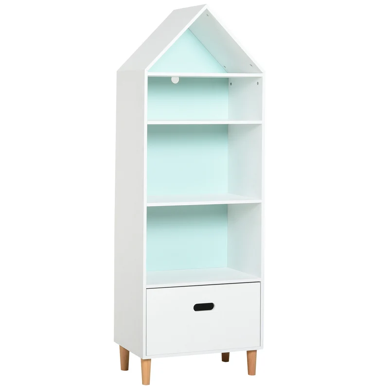 Easycomfort Libreria Scaffale Portagiochi per Cameretta Bimbi e Ragazzi, 1 Cassetto e 4 Ripiani, Bianca e Azzurra 50x30x142cm