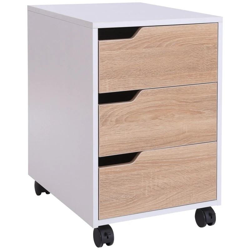 Easycomfort Cassettiera in MDF con 3 Cassetti e Ruote per Ufficio o Studio Bianca e Legno, 40x50x57.5cm