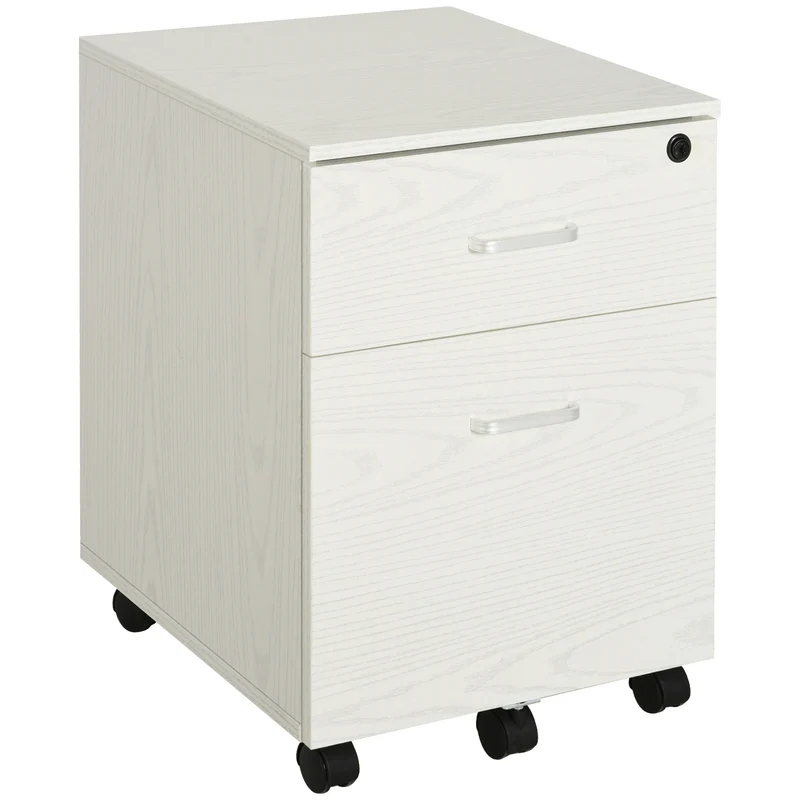 Easycomfort Schedario da Ufficio Cassettiera Per Scrivania in Legno, 2 Cassetti, Serratura con 2 Chiavi, Bianco, 40x45x55.6cm