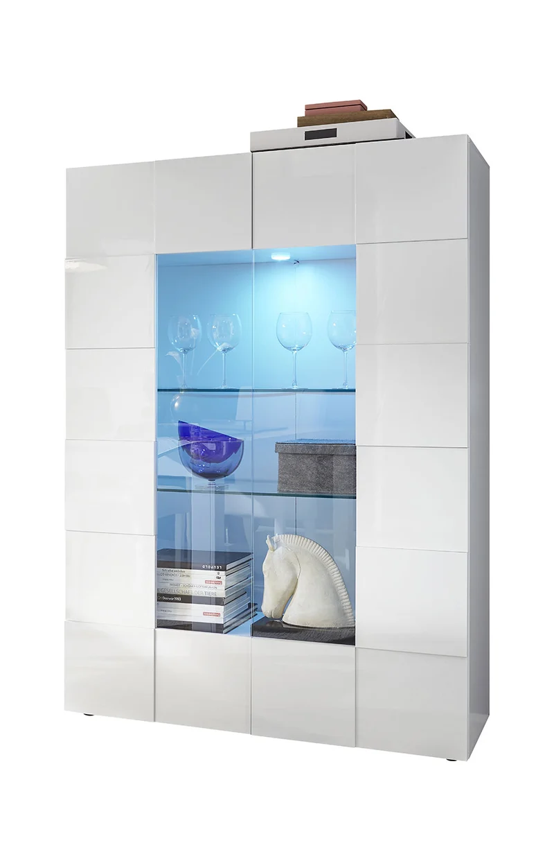 Vetrina Mobile Soggiorno Alto 2 Ante Senza Luci Design a Scacchi Modello Dama 121x43x166 cm Bianco Lucido
