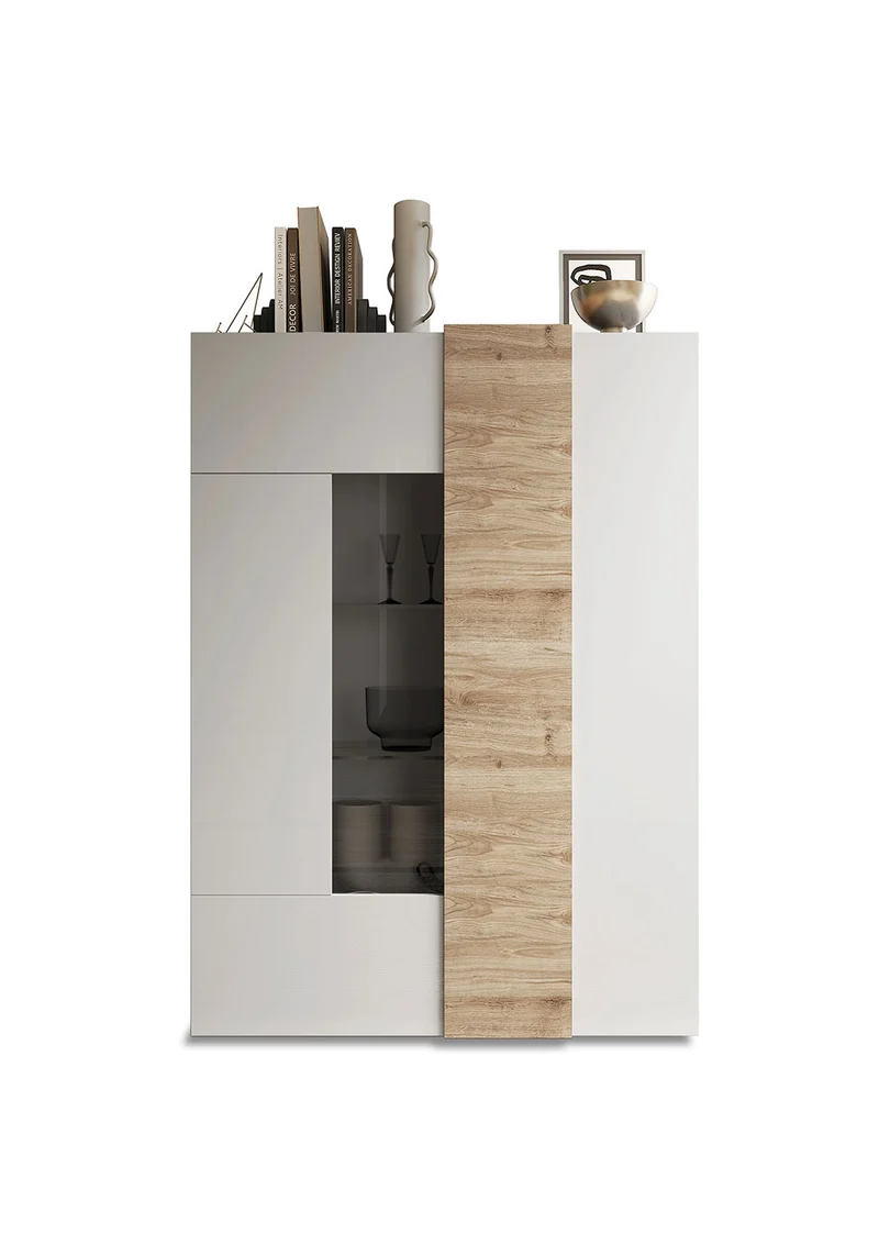 Vetrina Mobile Soggiorno Alto 2 Ante Senza Luci Venus 121x44x169 cm Bianco Lucido E Cadiz