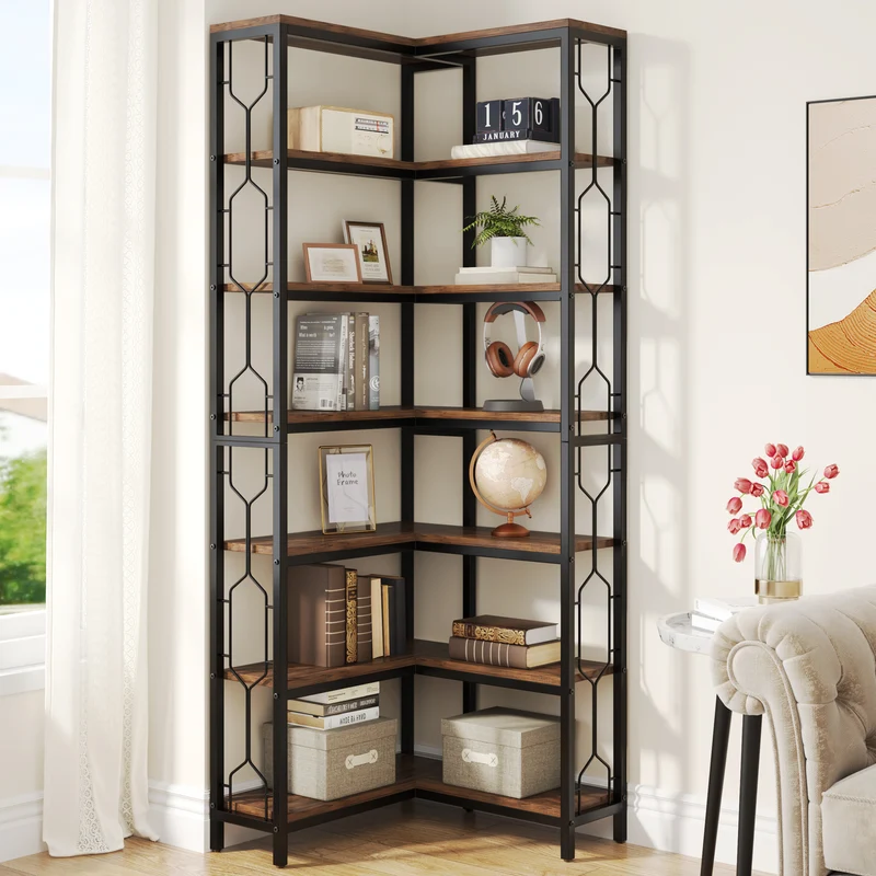 Tribesigns Scaffale Angolare, Libreria Angolare Industriale a 7 livelli Mobile Angolare in Legno e Metallo