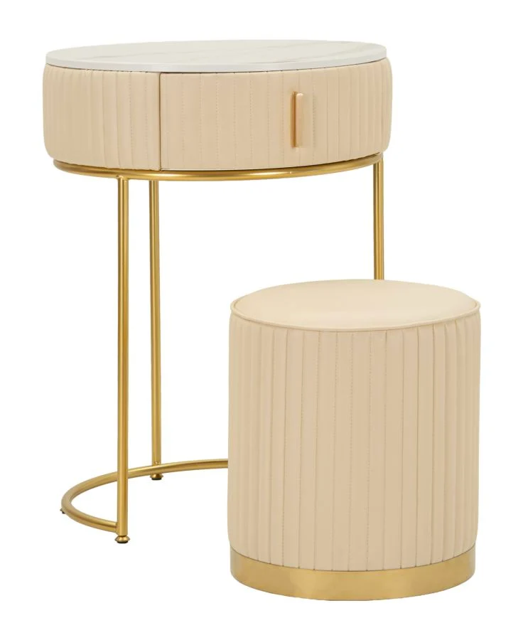 Comodino Toeletta con Puff Pok Ø52x70 cm in Pino e MDF e Spugna e PU e Metallo