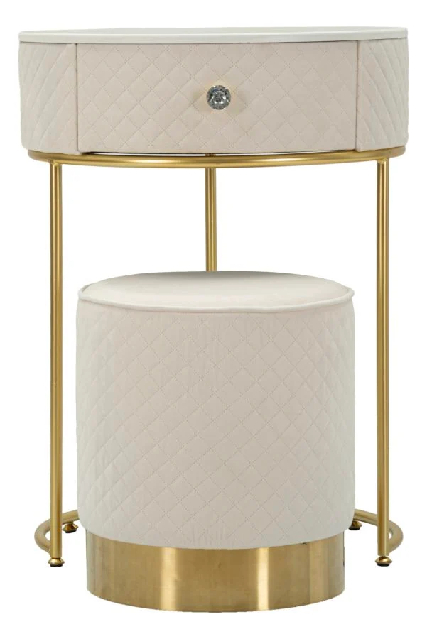 Comodino Toeletta con Puff Vellit Crema Ø52x70 cm - Ø36x39 cm in Pino e MDF e Metallo