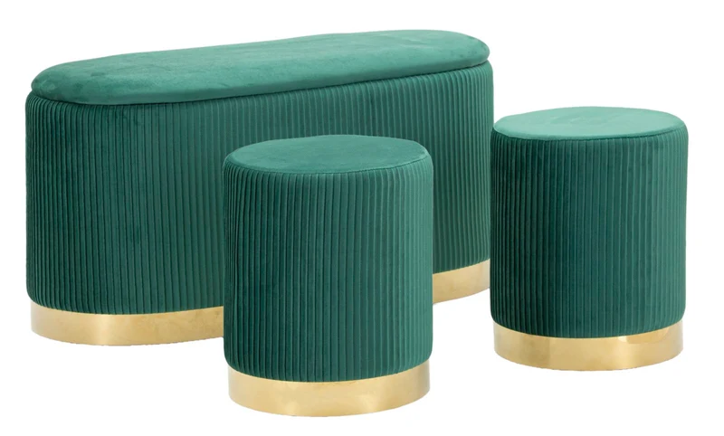 Panca con Contenitore e Sgabelli Shopy Verde Set 3 Pz 80x37x42 cm - Ø29x35 cm in Ferro e MDF e Spugna e Poliestere Verde e Oro