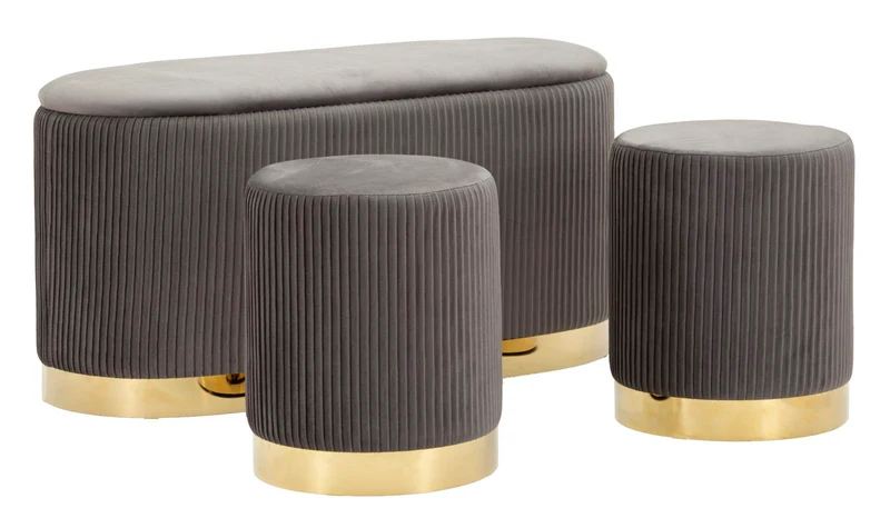 Panca con Contenitore e Sgabelli Shopy Grigia Set 3 Pz 80x37x42 cm - Ø29x35 cm in Ferro e MDF e Spugna e Poliestere Grigio e Oro