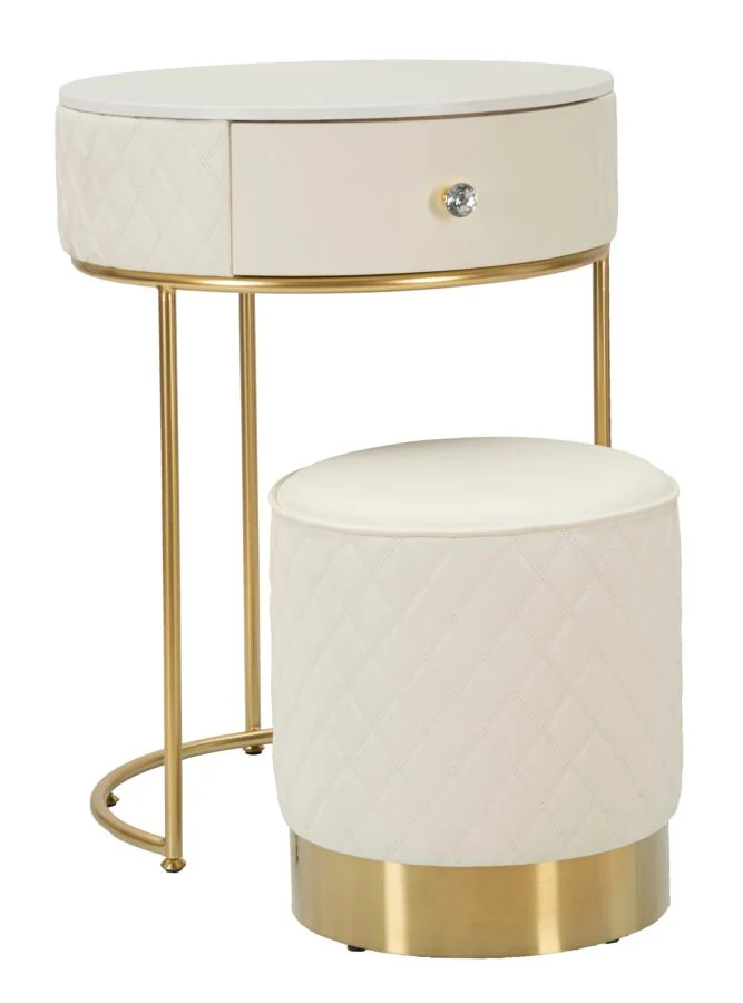 Comodino Toeletta con Puff Sharon Ø52x70 cm - Ø36x39 cm in Pino e MDF e Metallo e Plastica