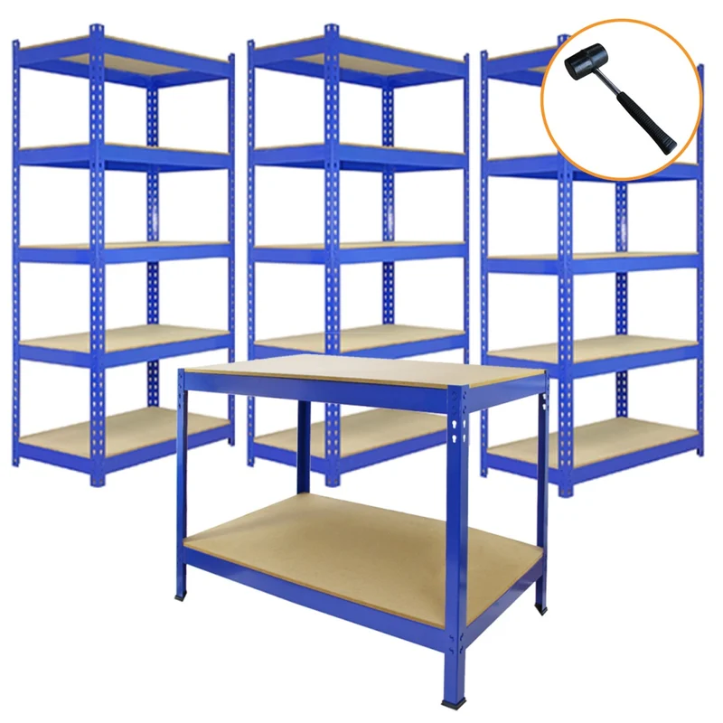 Scaffale da Garage ad Incastro Q-Rax - Blu - 2 Scaffali da 90cm e 3 Scaffali da 120cm con Martello