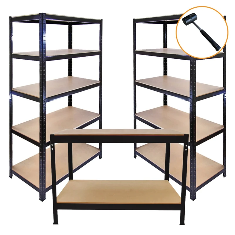 Scaffale da Garage ad Incastro T-Rax - Nero - 90cm x 45cm - 3 Pezzi con Martello