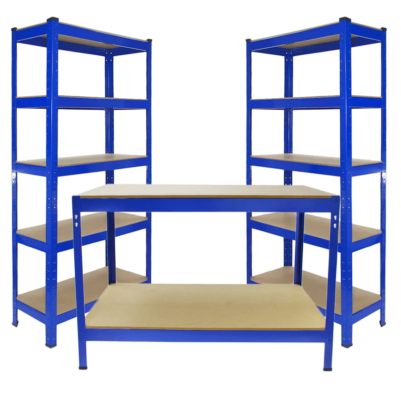 Scaffale da Garage ad Incastro T-Rax - Blu - 90cm x 45cm - 2 Pezzi e Banco da Lavoro Q-rax 120cm