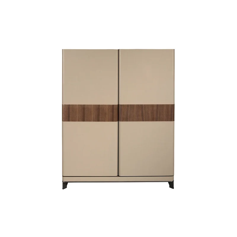 Credenza alta in similpelle, noce e acciaio lucido