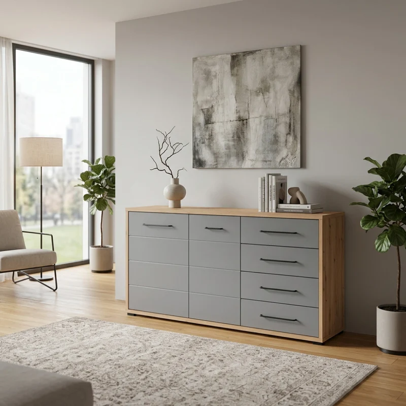 Credenza Lisabon in Truciolare Bilaminato Rovere e Grigio