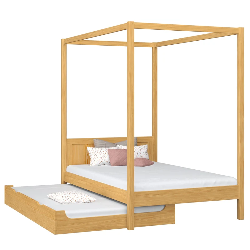 Letto singolo a baldacchino in legno con cassetto per materasso aggiuntivo N02 pino naturale