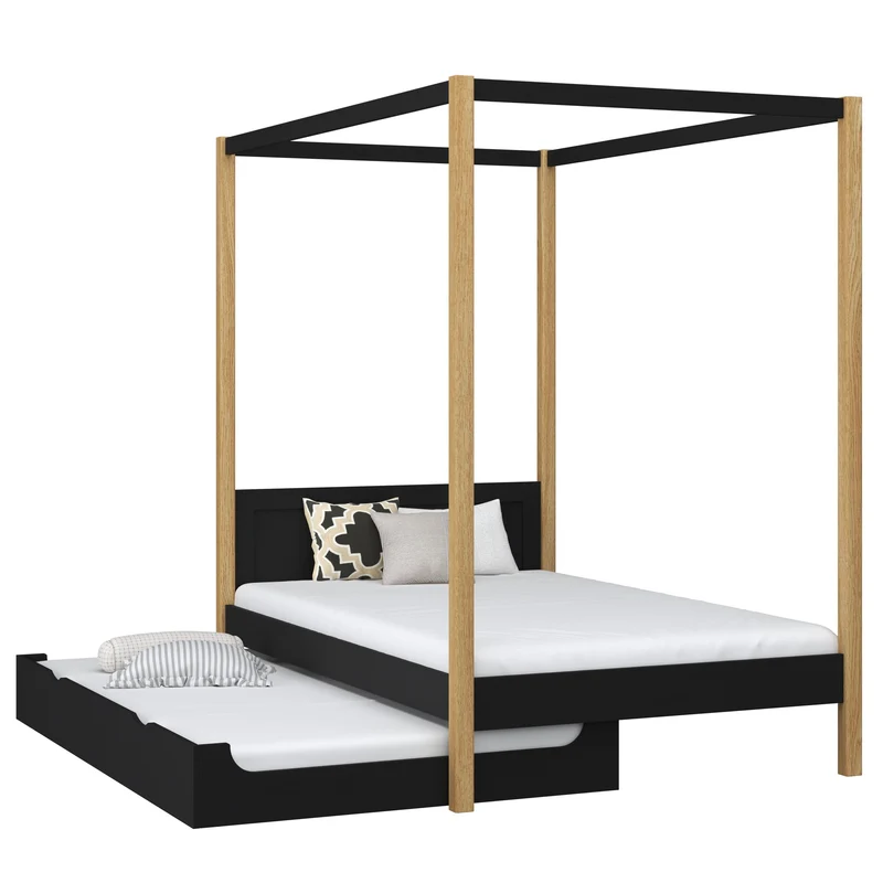 Letto singolo a baldacchino in legno con cassetto per materasso aggiuntivo N02 nero / rovere
