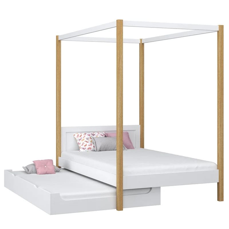 Letto singolo a baldacchino in legno con cassetto per materasso aggiuntivo N02 bianco / rovere