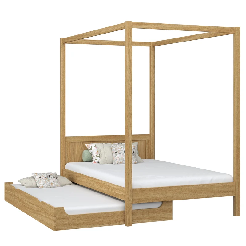 Letto singolo a baldacchino in rovere con cassetto per materasso aggiuntivo N02 rovere naturale