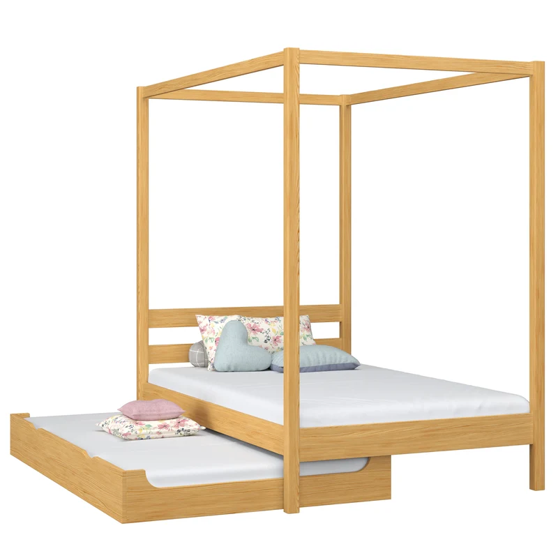 Letto singolo a baldacchino in legno con cassetto per materasso aggiuntivo N01 pino naturale