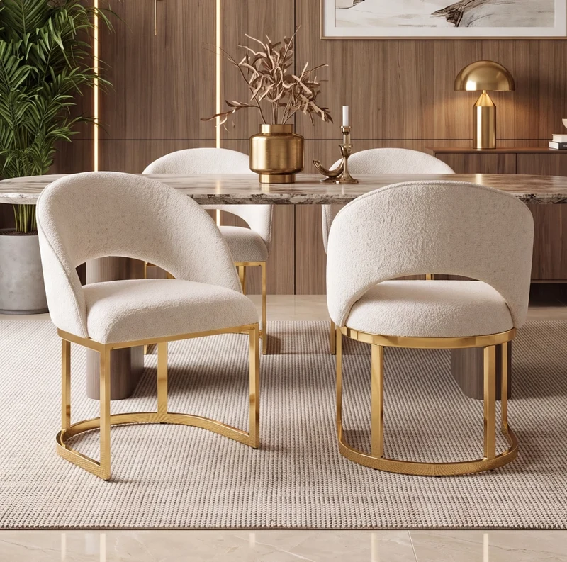 Set 4 sedie da pranzo in bouclé beige con gambe dorate