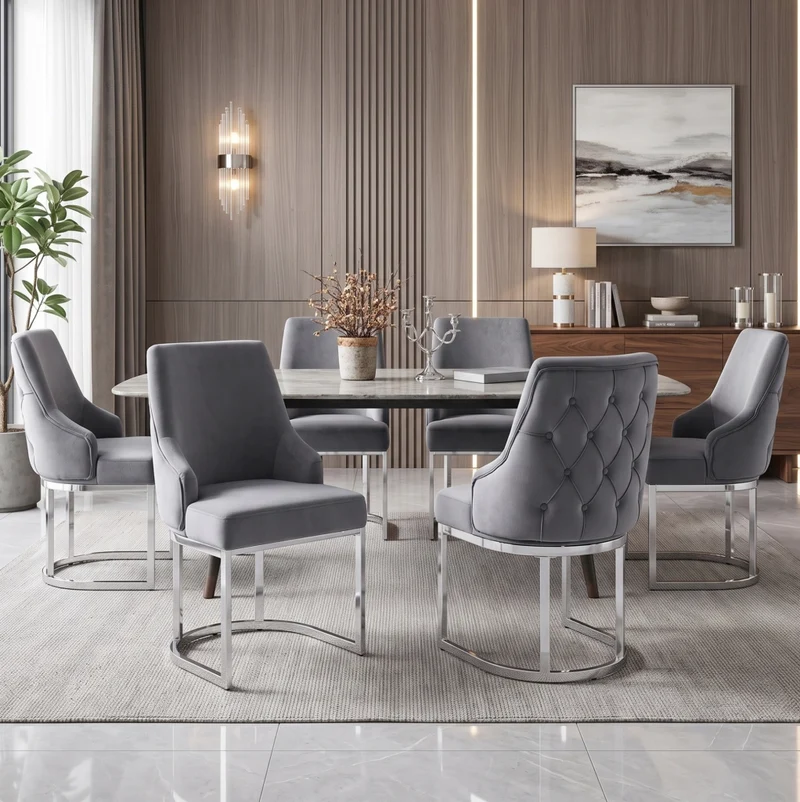 Set di 4 sedie da pranzo in velluto grigio; gambe in metallo argentato; schienale trapuntato