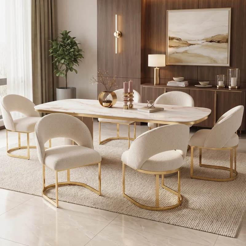 Set di 6 sedie da pranzo in bouclé beige con gambe dorate
