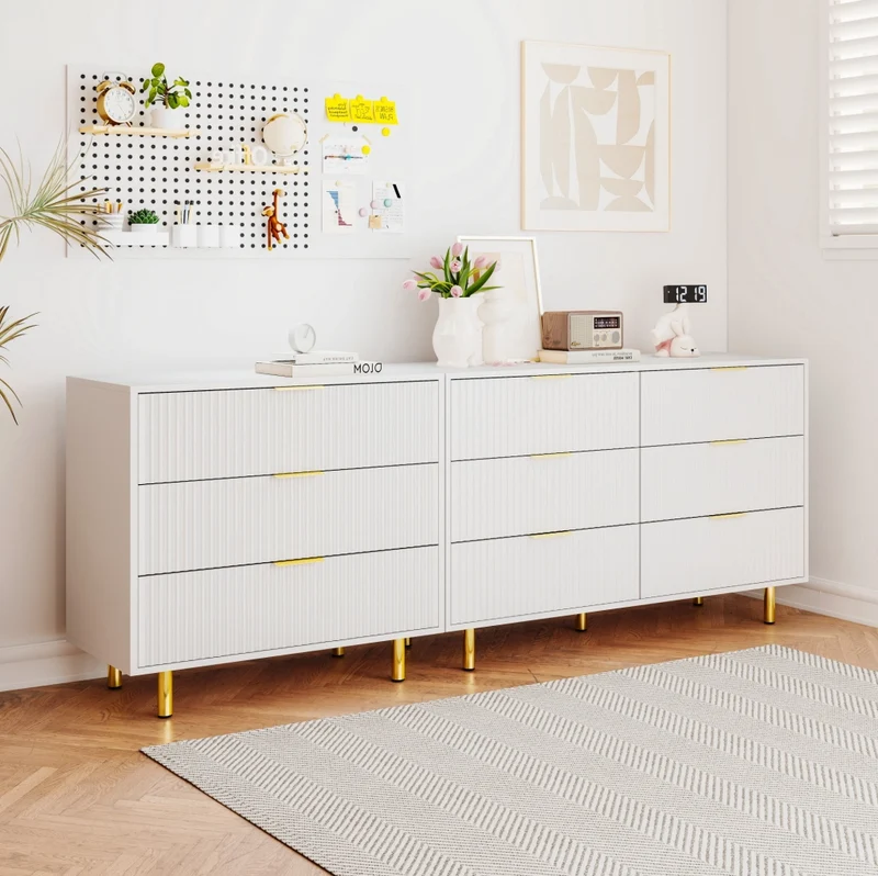 Set di cassettiere modulari con 9 cassetti in MDF bianco e oro