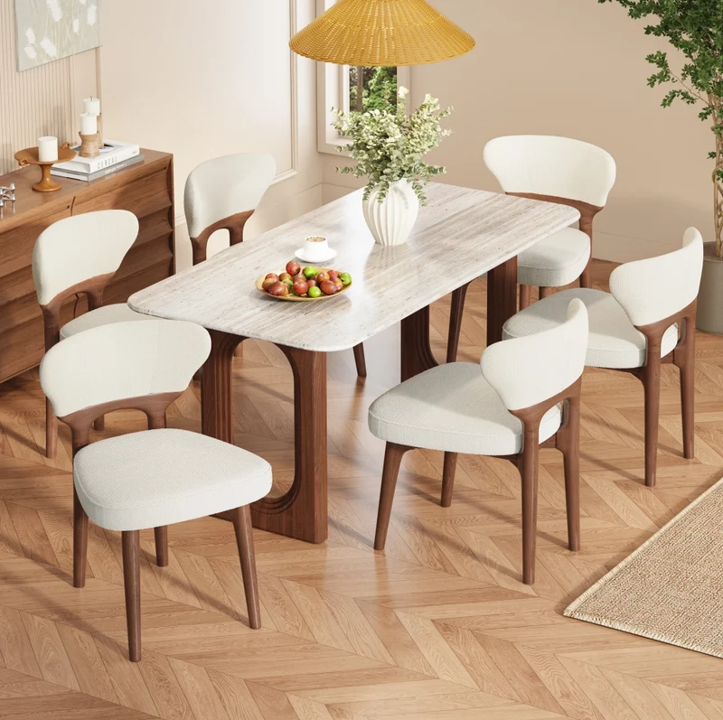 Set di 6 sedie imbottite in legno massello e ciniglia beige chiaro