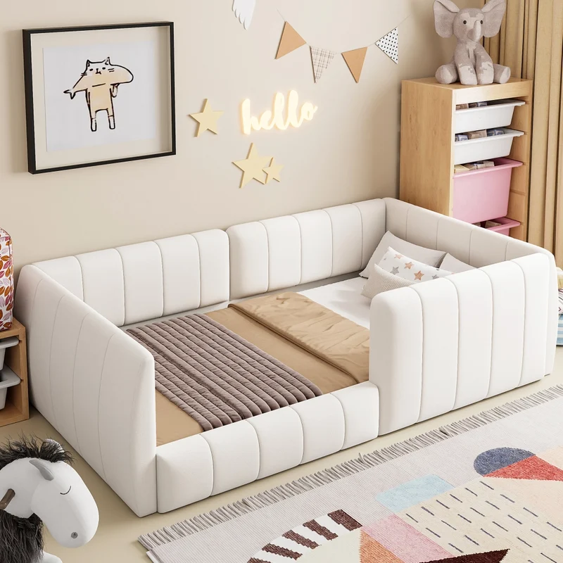 Letto piattaforma imbottito 90x200 cm con sponde di sicurezza; beige