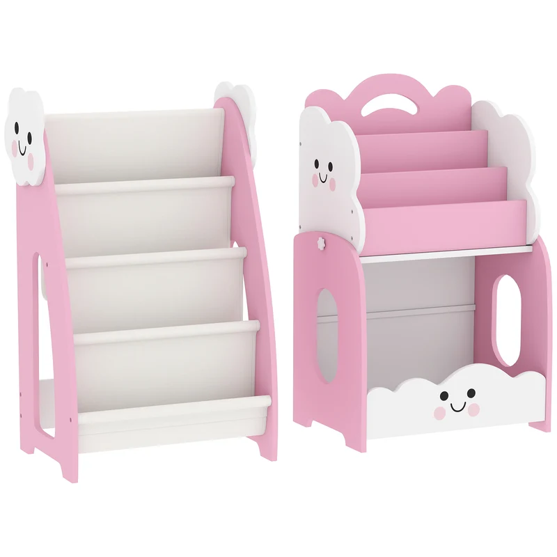 Mobile per Bambini 85,5x32x72 cm con Portariviste Libreria a 3 Livelli e Comodino in Legno Rosa e Bianco