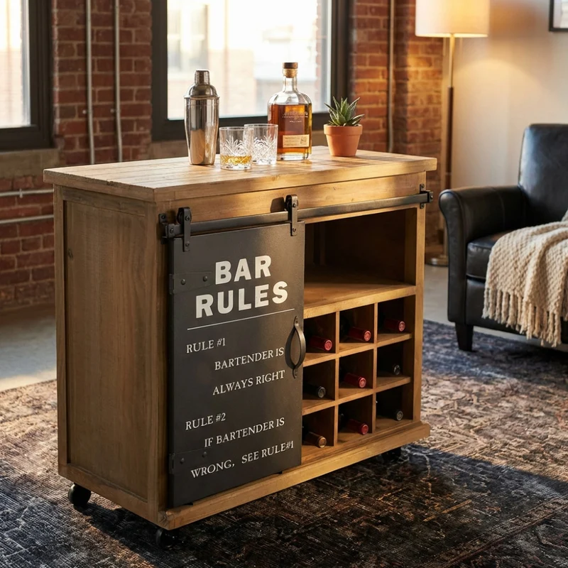 Credenza Bar Mobile Curt in Legno e Acciaio Industriale