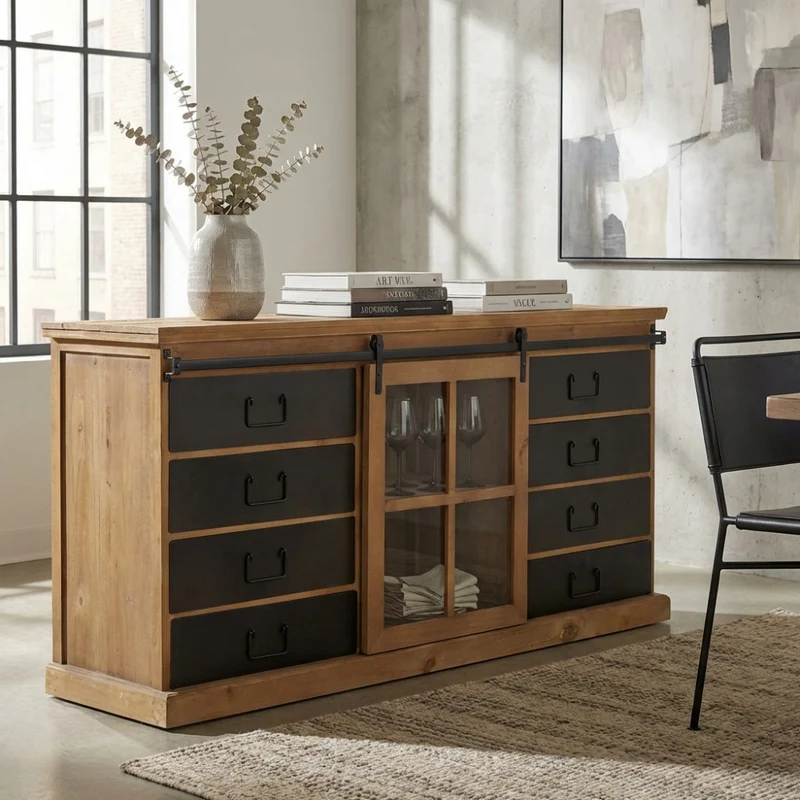 Credenza Mobile Cordell in Legno e Acciaio Stile Industrial