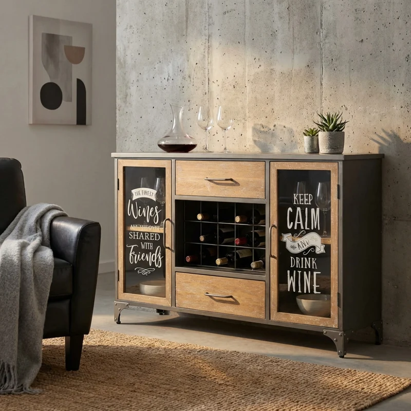 Credenza Christian in Acciaio e Legno con Vetrina Portabottiglie
