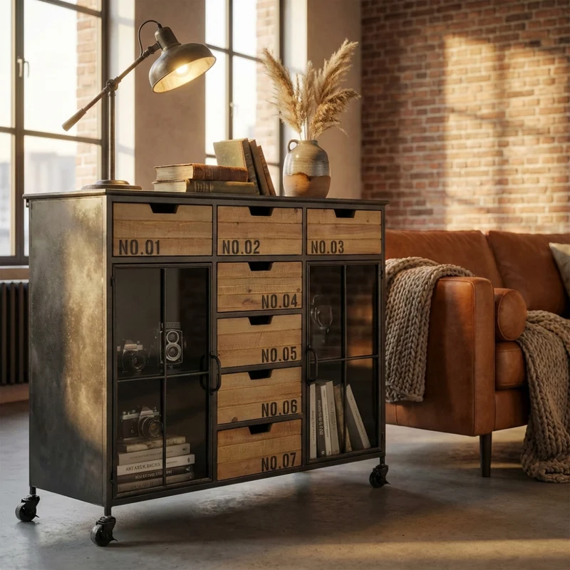 Credenza Caden in Acciaio e Legno con Ruote Industriali