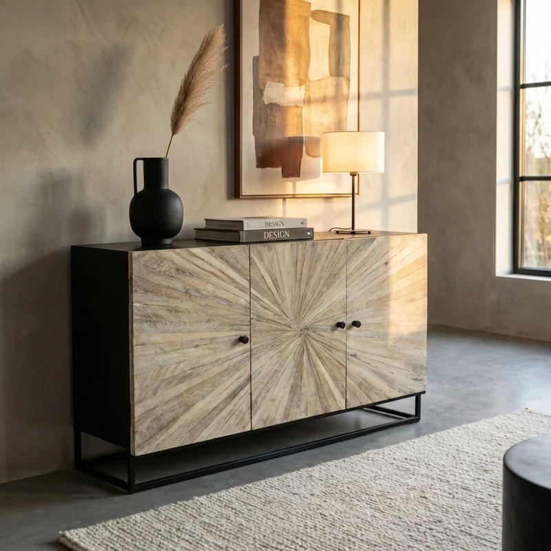 Credenza Spencer con Decoro a Raggiera in Legno di Mango e Metallo