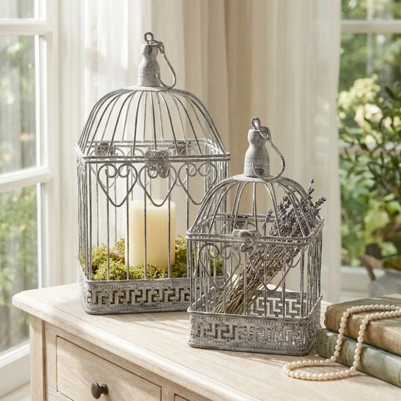 Set di Gabbie Decorative Natalie in Acciaio Bianco Ossidato