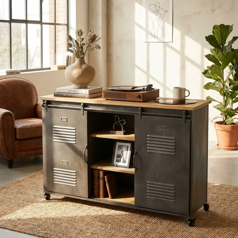 Credenza Gabriel in Acciaio e Legno Stile Industriale