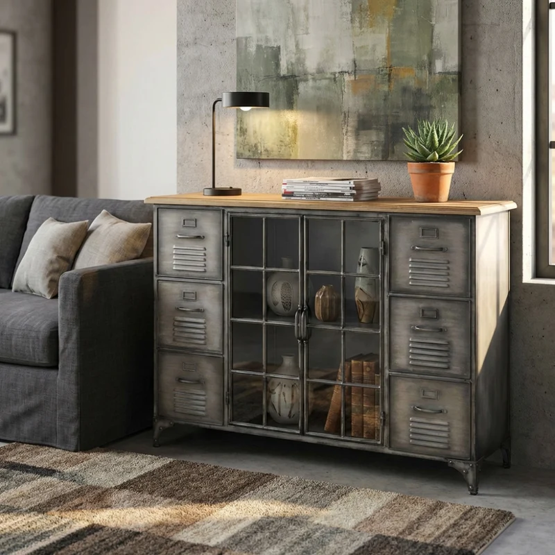 Credenza Ernest in Acciaio Antracite e Legno Naturale
