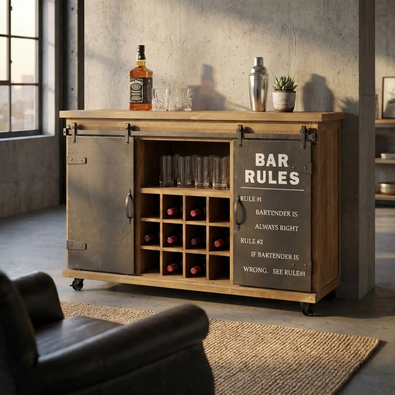 Mobile Bar Edmond in Legno e Acciaio con Ante Scorrevoli