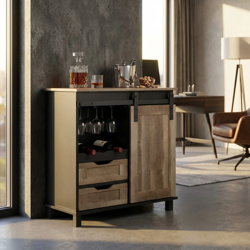 Credenza Yvan in Legno e Acciaio con Porta Scorrevole