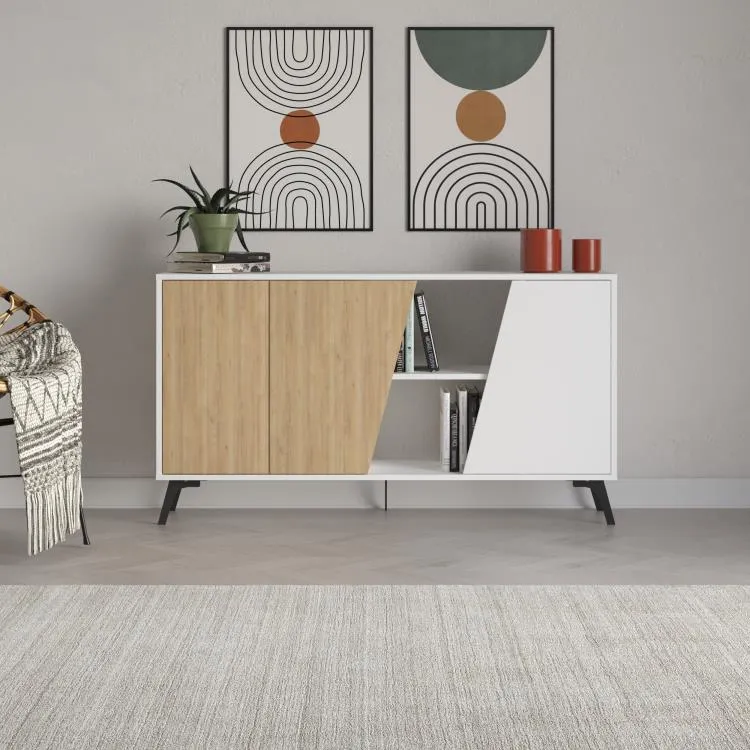 Madia Moderna Credenza Fiona 150x36x82 cm Design Anta Obliqua Bianco e Quercia