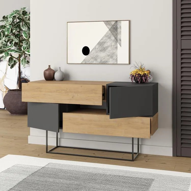 Consolle Moderna 145x40x82 cm con 2 Ante 2 Cassetti e Gambe Alte Quercia e Antracite